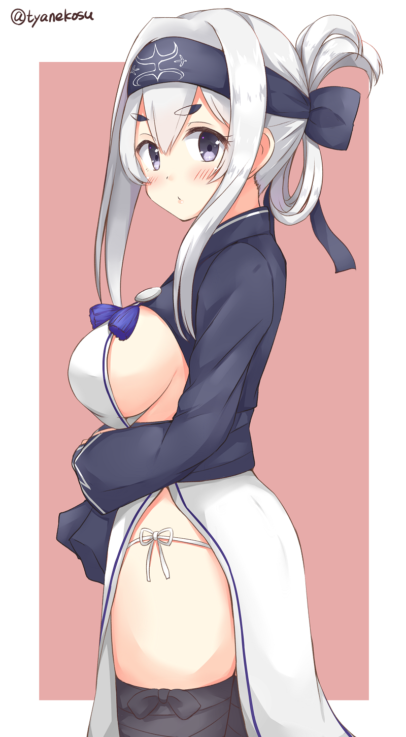 1girl, ainu_clothes, black_legwear, blue_eyes, blush, breasts, chaa_(korone-ze), folded_ponytail, hair_between_eyes, headband, highres, kamoi_(kantai_collection), kantai_collection, large_breasts, long_hair, long_sleeves, solo, thick_eyebrows, thigh-highs, twitter_username, white_hair