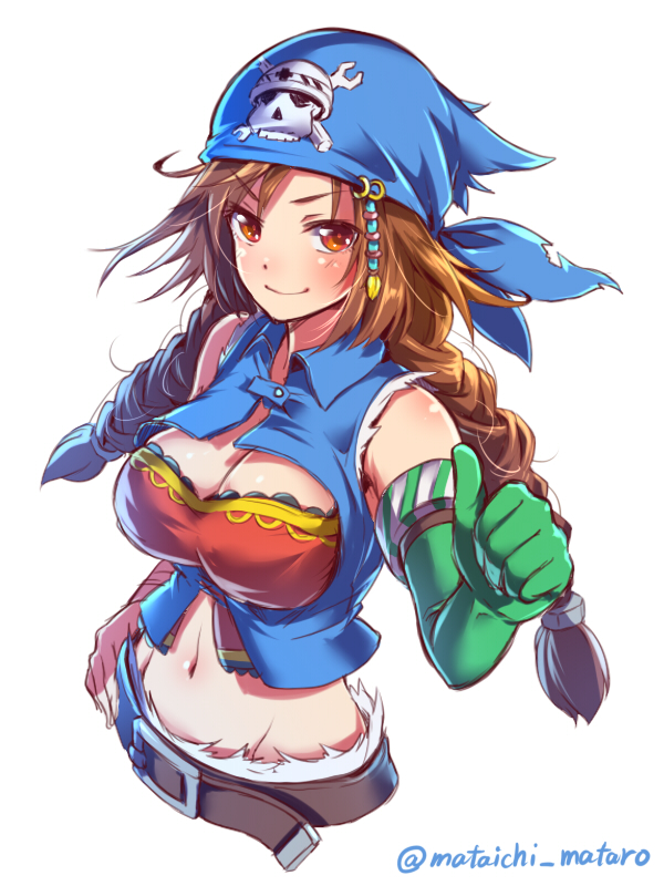 1girl, bandanna, braid, breasts, brown_eyes, brown_hair, cleavage, commentary_request, concrete_pump_(ole_tower), elbow_gloves, gloves, green_gloves, large_breasts, long_hair, mataichi_matarou, ole_tower, pirate_costume, simple_background, single_glove, smile, solo, twin_braids, twitter_username, white_background