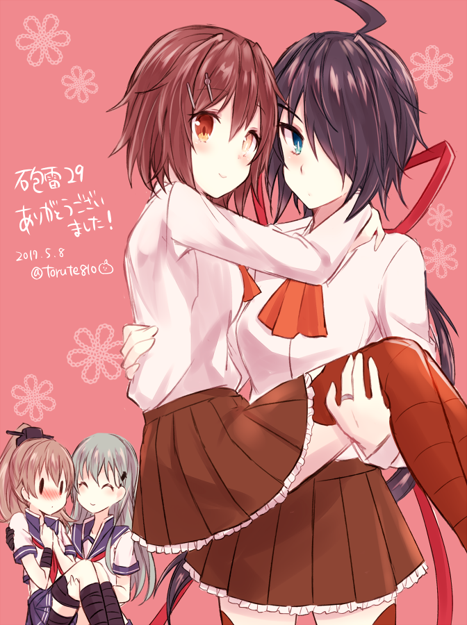 4girls, ^_^, ahoge, aqua_hair, artist_name, ascot, bandage, bandaged_arm, bandaged_leg, bangs, black_hair, blue_eyes, blue_skirt, blush, brown_eyes, brown_hair, brown_skirt, carrying, closed_eyes, closed_mouth, cosplay, cowboy_shot, dated, embarrassed, frilled_skirt, frills, furutaka_(kantai_collection), furutaka_(kantai_collection)_(cosplay), hair_ornament, hair_over_one_eye, hairclip, hands_on_own_chest, heterochromia, hug, kabocha_torute, kako_(kantai_collection), kako_(kantai_collection)_(cosplay), kantai_collection, kumano_(kantai_collection), kumano_(kantai_collection)_(cosplay), long_hair, long_sleeves, looking_at_viewer, low_ponytail, multiple_girls, neckerchief, nose_blush, pink_background, pleated_skirt, ponytail, princess_carry, red_legwear, red_neckerchief, school_uniform, serafuku, shirt, simple_background, skirt, solid_oval_eyes, standing, suzuya_(kantai_collection), suzuya_(kantai_collection)_(cosplay), tareme, twitter_username, underwear, white_shirt, yellow_eyes, yuri