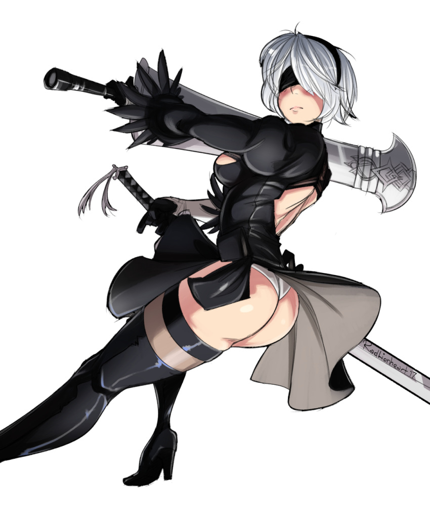 1girl, ass, back_cutout, black_dress, black_hairband, blindfold, boots, breasts