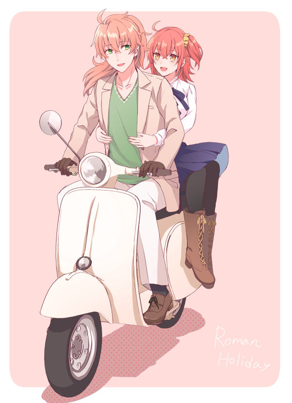1boy, 1girl, :d, ahoge, bangs, black_legwear, blue_sky, blush