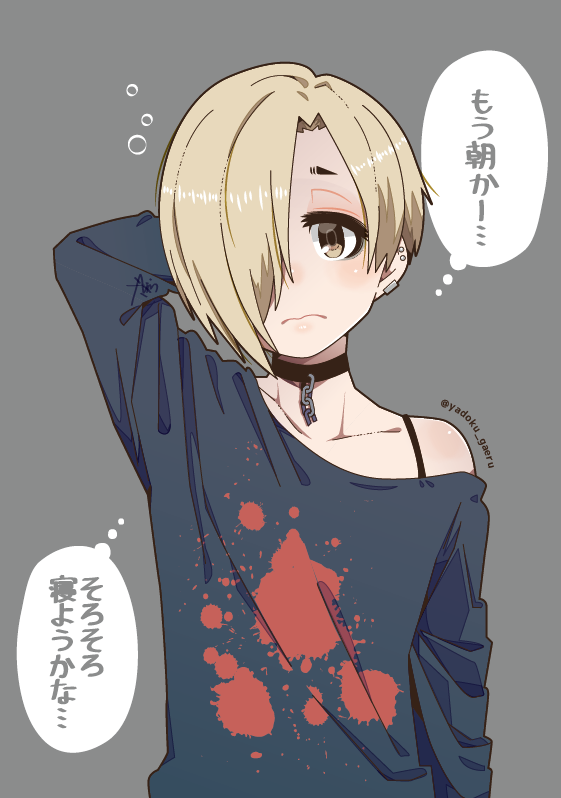 1girl, blonde_hair, brown_eyes, choker, ear_piercing, earrings, hair_over_one_eye, idolmaster