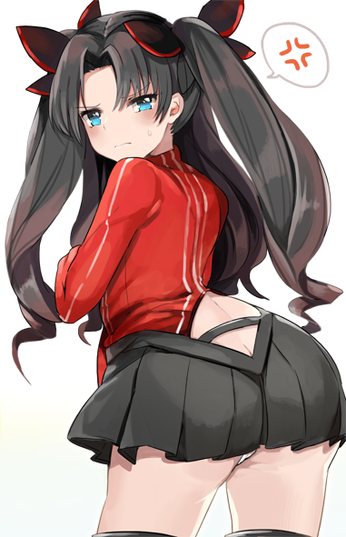 1girl, annoyed, ass, black_hair, blush, fate/extra, fate/stay_night, fate_(series)
