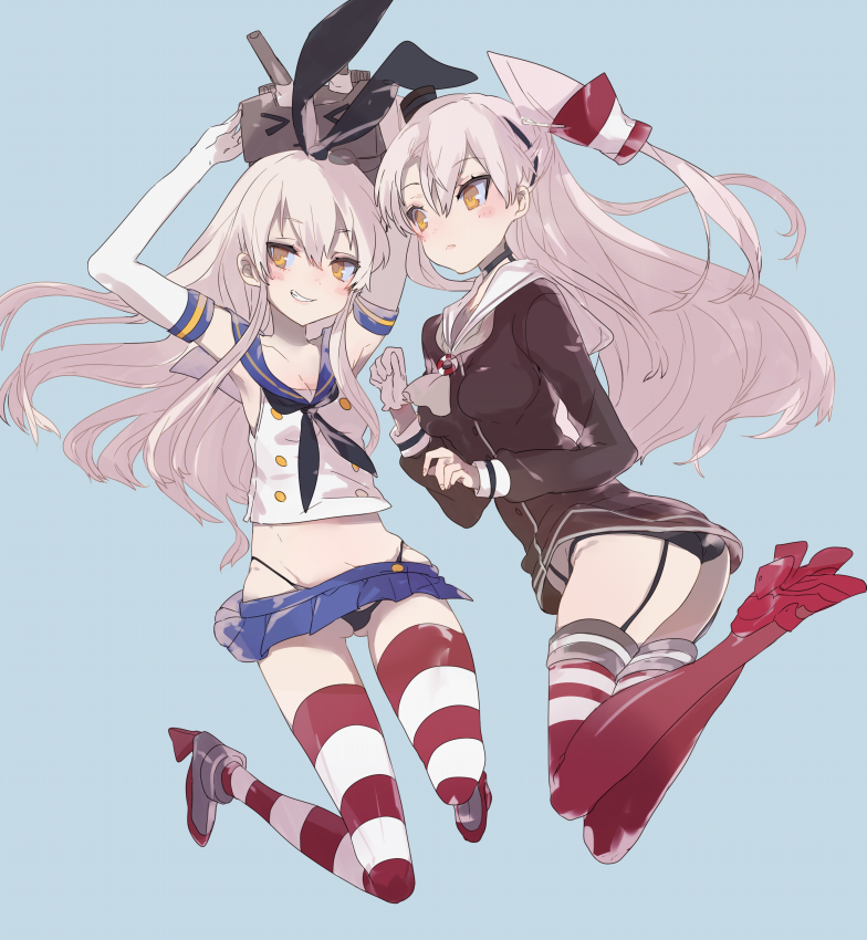 2girls, agu, amatsukaze_(kantai_collection), armpits, black_panties, blonde_hair, blue_background, blush