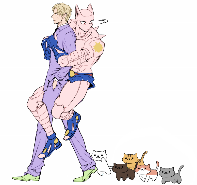 1boy, blonde_hair, cat, formal, from_side, hands_in_pockets, jojo_no_kimyou_na_bouken, killer_queen, kira_yoshikage, male_focus, motion_lines, stand_(jojo), suit, u_(lastcrime), walking