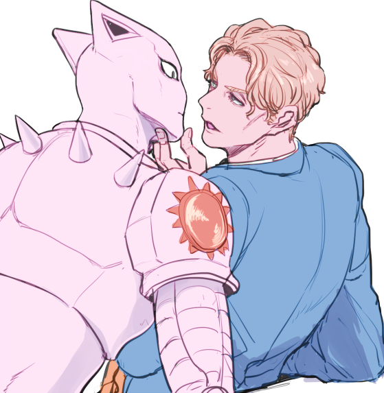 1boy, blonde_hair, formal, hand_on_another's_chin, jojo_no_kimyou_na_bouken, killer_queen, kira_yoshikage, male_focus
