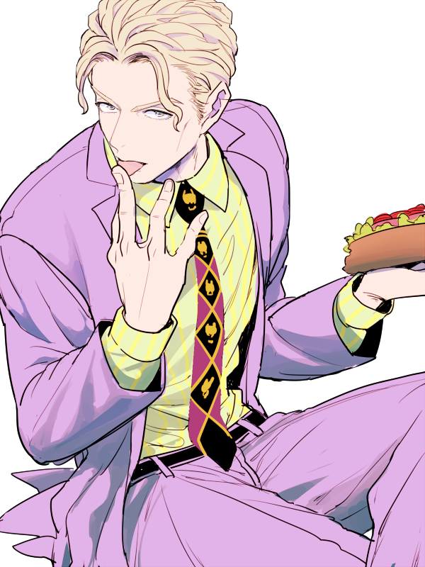 1boy, blonde_hair, finger_licking, food, formal, holding, holding_food, hot_dog