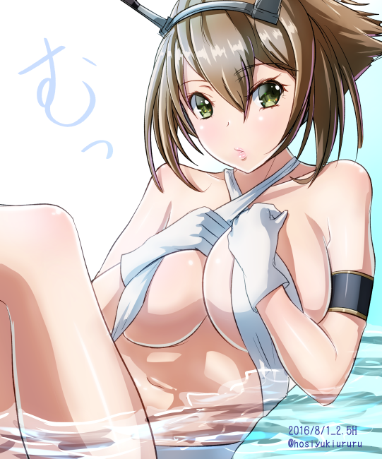 1girl, armband, between_breasts, bikini, blush, breasts, brown_hair, collarbone