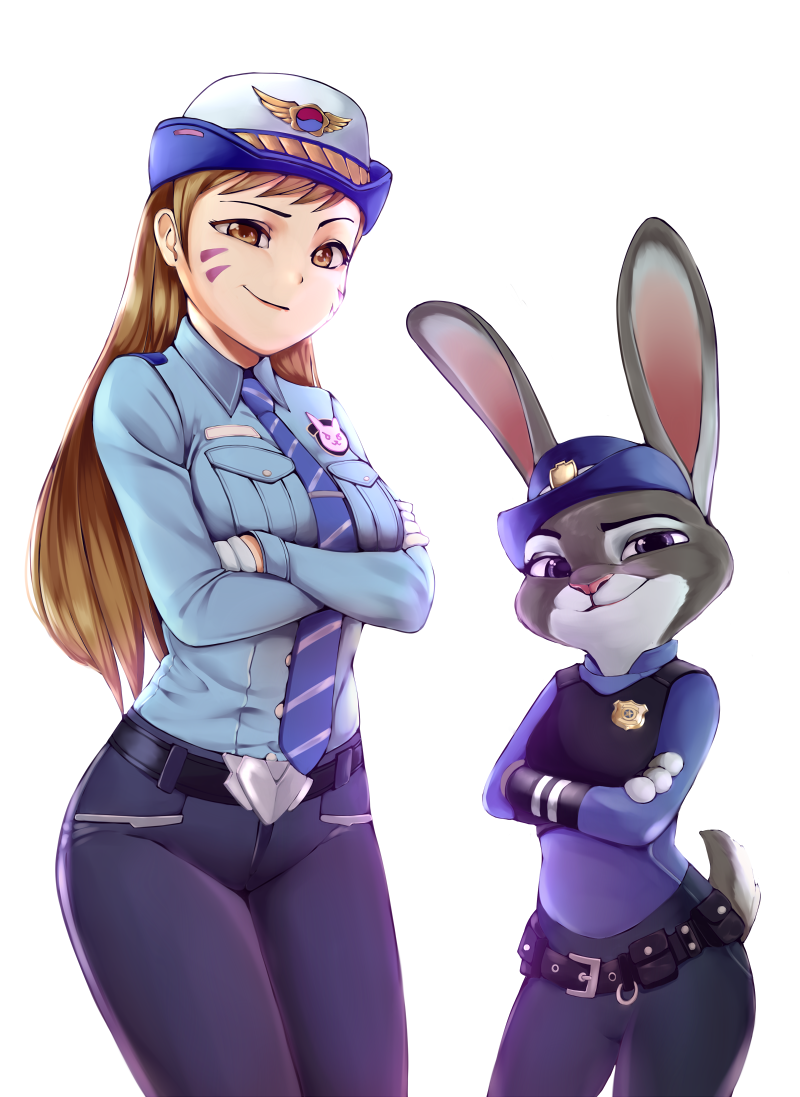 belt, blue_necktie, blue_pants, blue_shirt, breast_pocket, breasts, brown_eyes, brown_hair