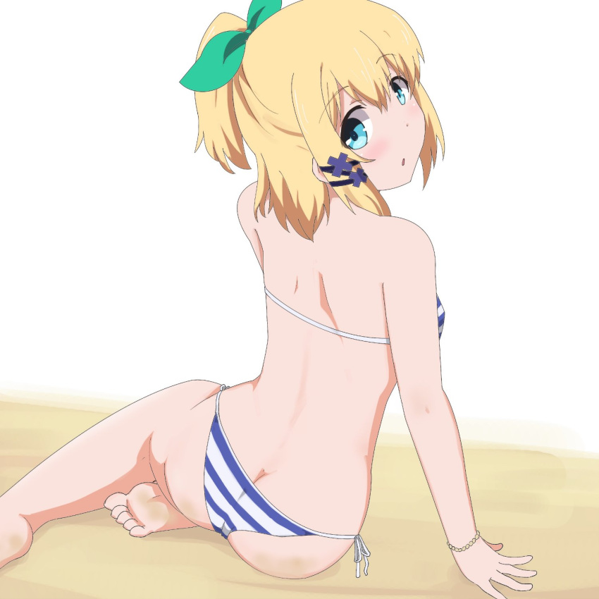 1girl, bead_bracelet, beads, bikini, blonde_hair, blue_eyes, bow, bracelet