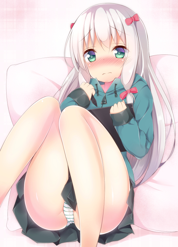 1girl, aqua_eyes, blue_hair, blush, bow, eromanga_sensei, hair_bow, izumi_sagiri