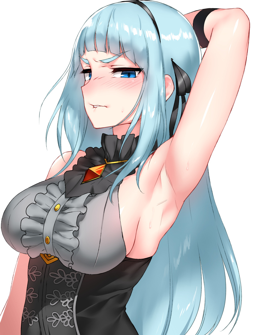 1girl, absurdres, annoyed, arm_up, armpits, bare_shoulders, biting, black_ribbon