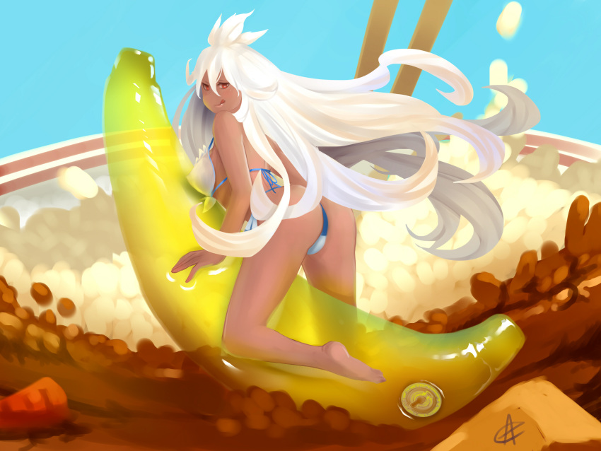 1girl, :q, absurdres, ann_calina, ass, barefoot, bikini, blue_background