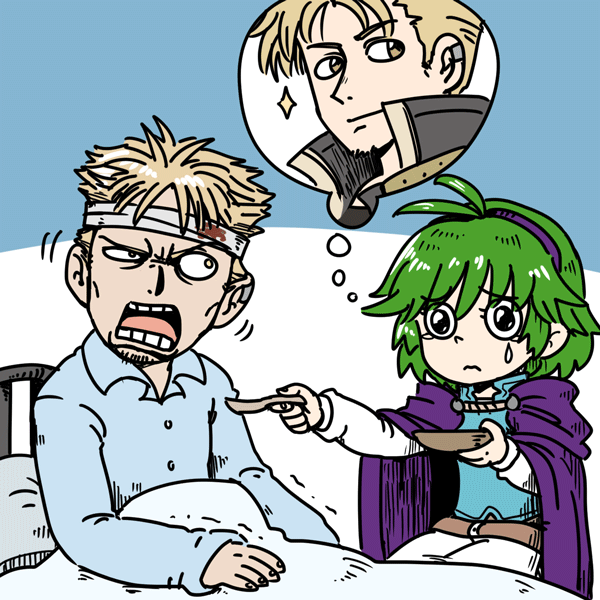 1boy, 1girl, ahoge, bandaged_head, bed, bedside, belt, black_eyes