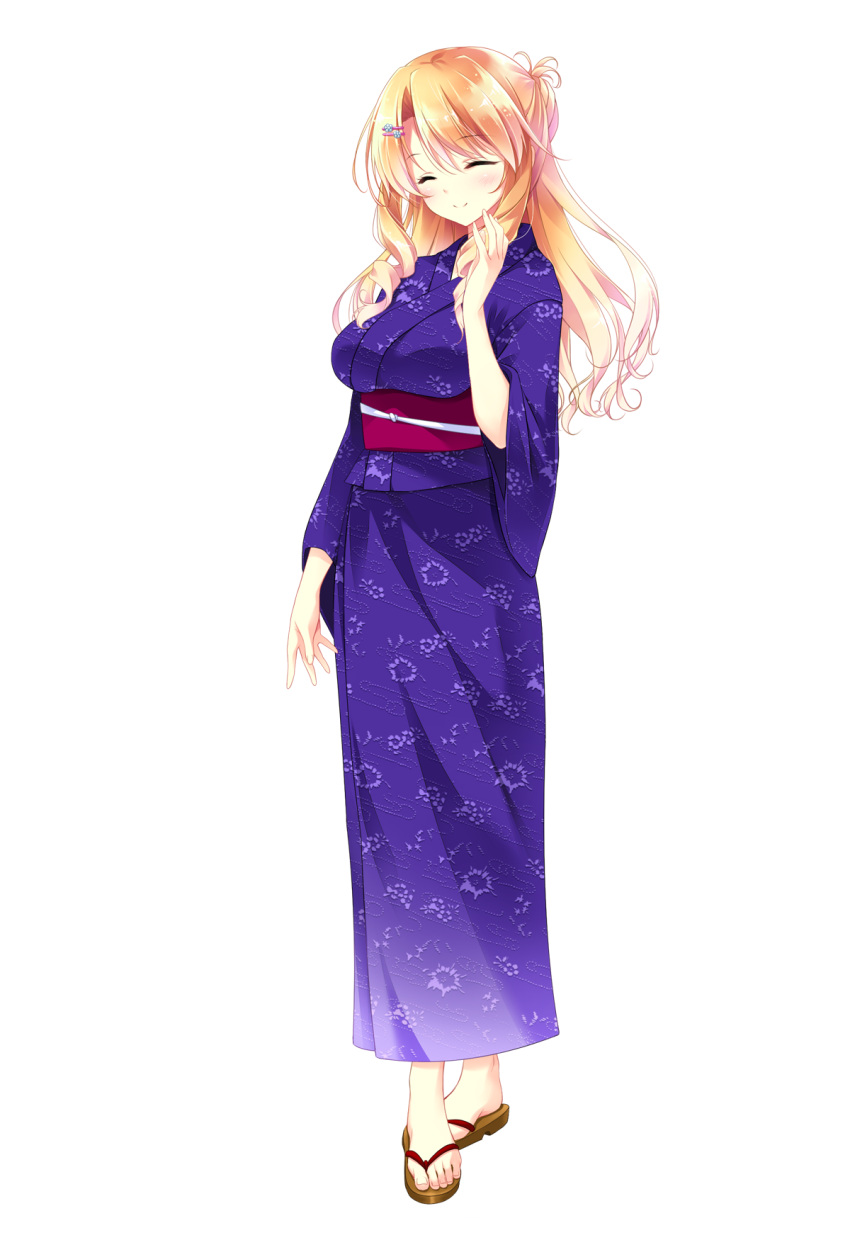 1girl, bangs, blonde_hair, blush, breasts, closed_eyes, eyebrows_visible_through_hair, floral_print