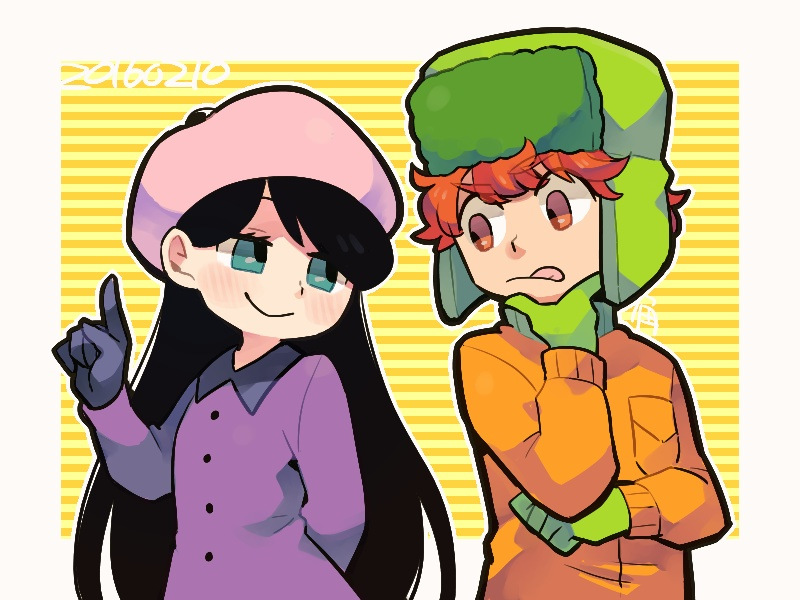 1boy, 1girl, arm_behind_back, beret, black_gloves, black_hair, blue_eyes, dated