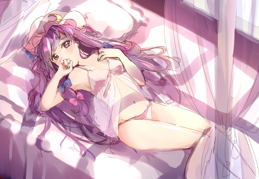 1girl, absurdres, babydoll, bow, breasts, four-poster_bed, hair_bow, hand_on_own_chest, hand_to_own_mouth, hat, highres, lying, navel, on_back, panties, patchouli_knowledge, pink_panties, purple_hair, sidelocks, sketch, small_breasts, solo, touhou, underwear, underwear_only, vanilla_(miotanntann), violet_eyes