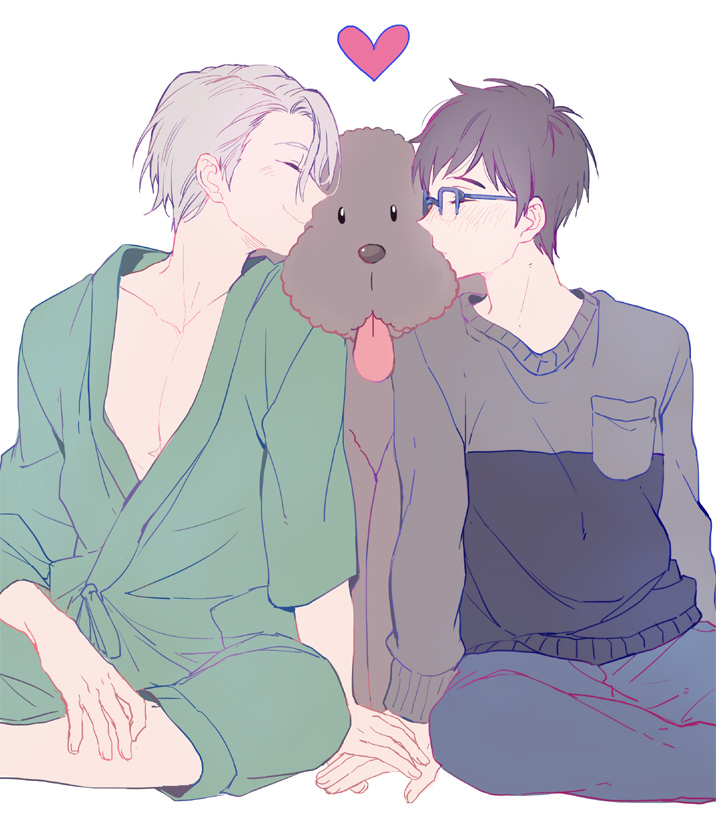 2boys, black_hair, blue-framed_eyewear, blush, closed_eyes, dog, glasses, heart
