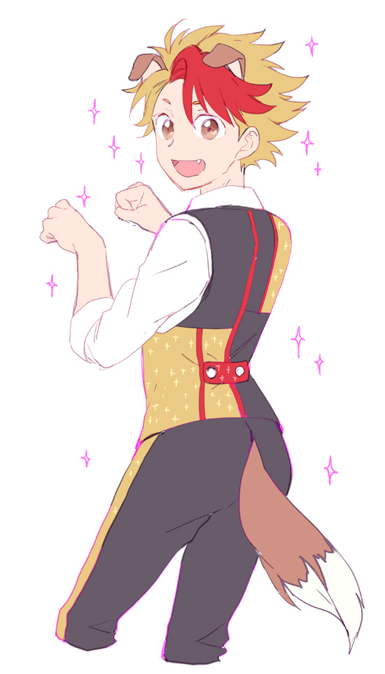 1boy, :d, animal_ears, blonde_hair, brown_eyes, dog_ears, dog_tail, fang