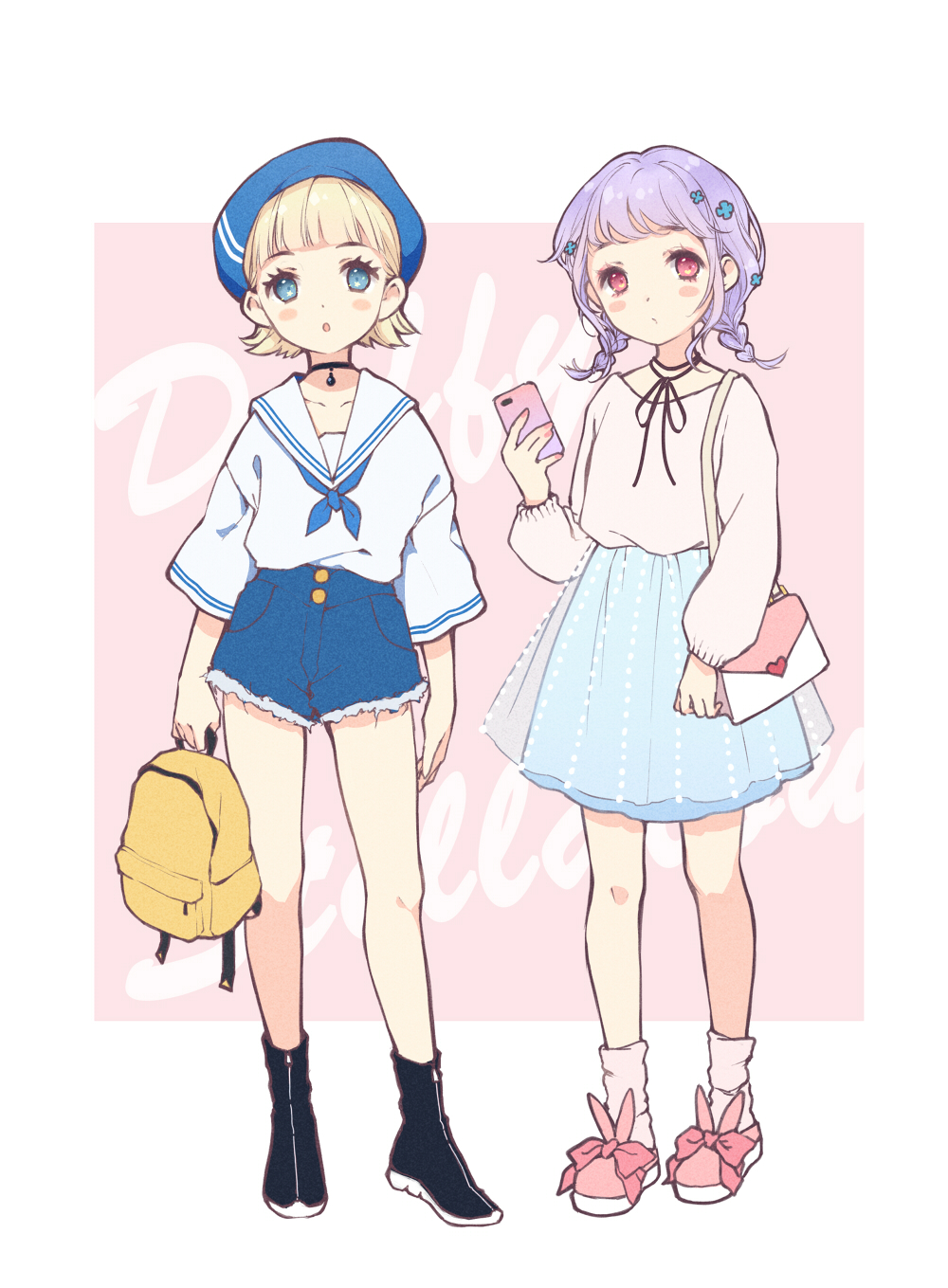 2girls, :o, adapted_costume, backpack, bag, bangs, beret, blonde_hair
