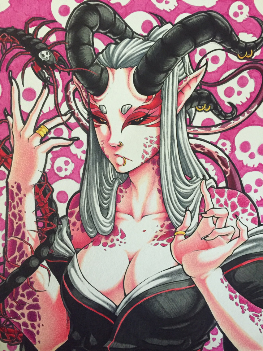 1girl, black_nails, black_sclera, breasts, cleavage, collarbone, demon_girl, demon_horns, highres, horns, jewelry, jgeorgedrawz, large_breasts, lip_piercing, nail_polish, nose_ring, off_shoulder, orange_eyes, original, piercing, pointy_ears, ponytail, ring, scales, silver_hair, skull, solo, tentacle, traditional_media, upper_body