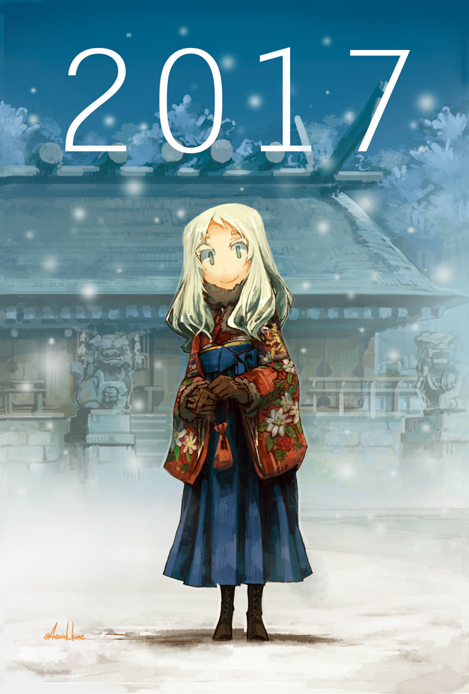 1girl, 2017, aqua_eyes, architecture, artist_name, blonde_hair, east_asian_architecture, eyelashes, full_body, fur_trim, gloves, japanese_clothes, kome, original, pouch, scarf, shiisaa, smile, snow, snowing, solo, standing, winter