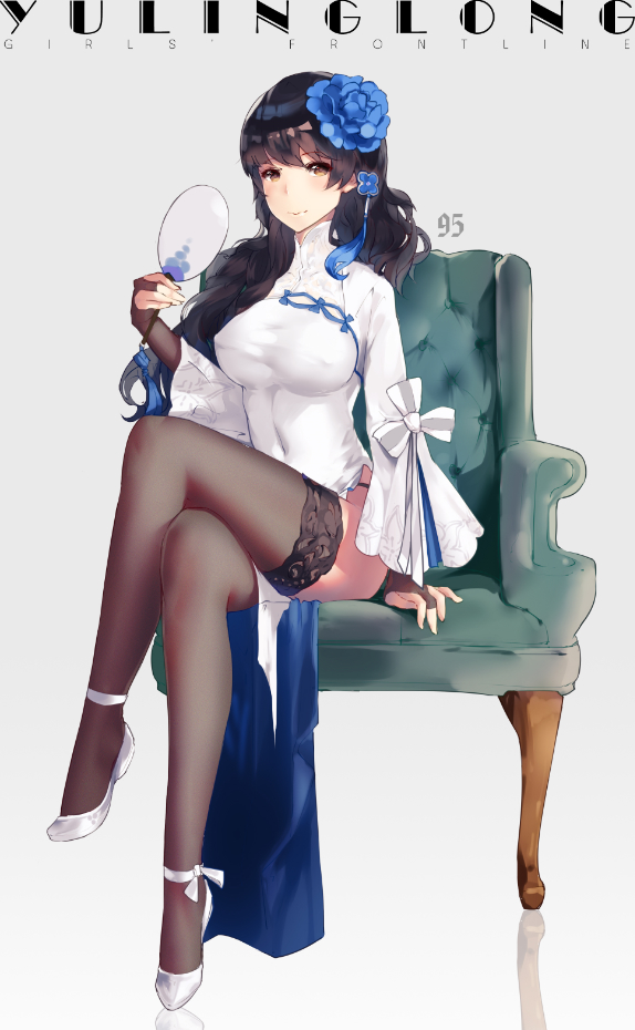 1girl, ankle_ribbon, black_hair, black_legwear, blue_flower, bracelet, breasts, bridal_gauntlets