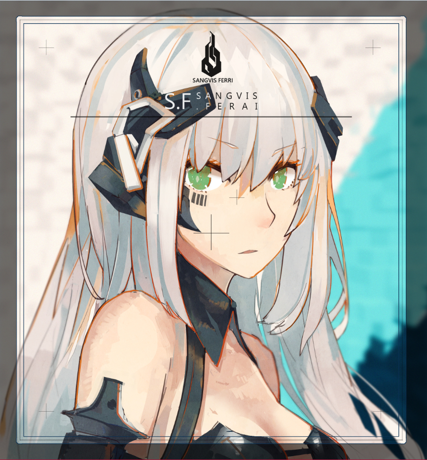 1girl, bangs, barcode, barcode_tattoo, bare_shoulders, black_leotard, blunt_bangs, border