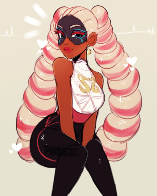 1girl, arms_(game), blue_eyes, dark_skin, drill_hair, earrings, heart, image_sample, jewelry, lipstick, makeup, mask, nintendo, pink_hair, savannah_(yugino), sleeveless, sleeveless_turtleneck, thick_thighs, thighs, tumblr_sample, turtleneck, twintails, twintelle_(arms)