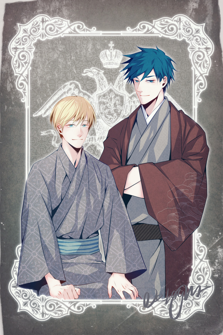 2boys, acca_13-ku_kansatsu-ka, blonde_hair, blue_eyes, blue_hair, crest, crossed_arms, crown, delight_hsia, highres, japanese_clothes, jean_otus, kimono, looking_at_viewer, multiple_boys, niino_(acca), wave_print, wide_sleeves, yaoi