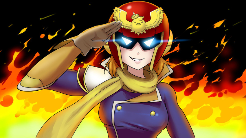 1girl, breasts, captain_falcon, captain_falcon_(cosplay), commentary, cosplay, f-zero, fire