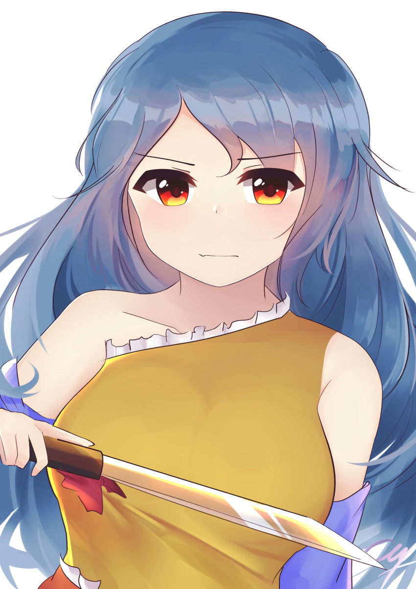 1girl, absurdres, bare_shoulders, breasts, detached_sleeves, dress, grey_hair, hatchet, highres, long_hair, medium_breasts, multicolored, multicolored_clothes, multicolored_dress, oriental_hatchet, red_eyes, rikaryodo, sakata_nemuno, single_strap, sleeveless, sleeveless_dress, solo, touhou, wavy_hair, white_background
