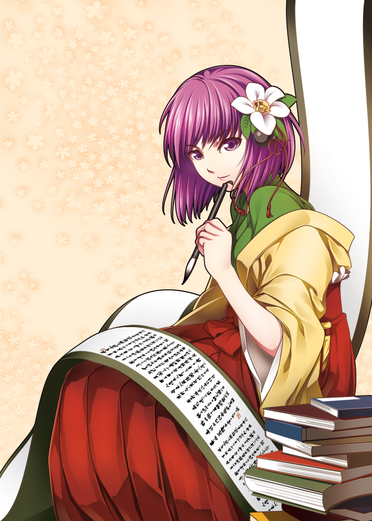 1girl, book, calligraphy_brush, flower, green_kimono, hair_flower, hair_ornament, hakama