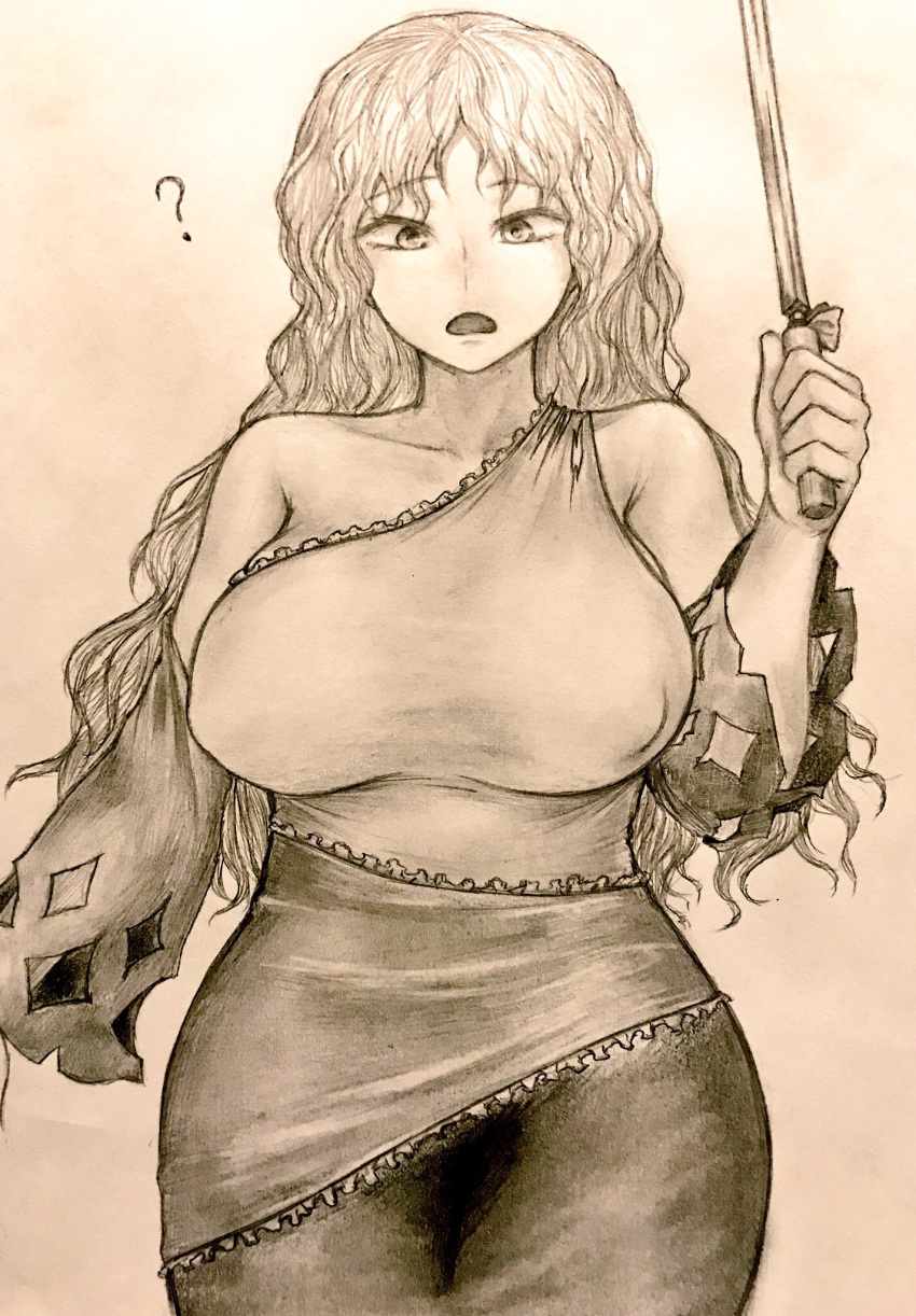 1girl, ?, bare_shoulders, breasts, collarbone, curvy, detached_sleeves, dress