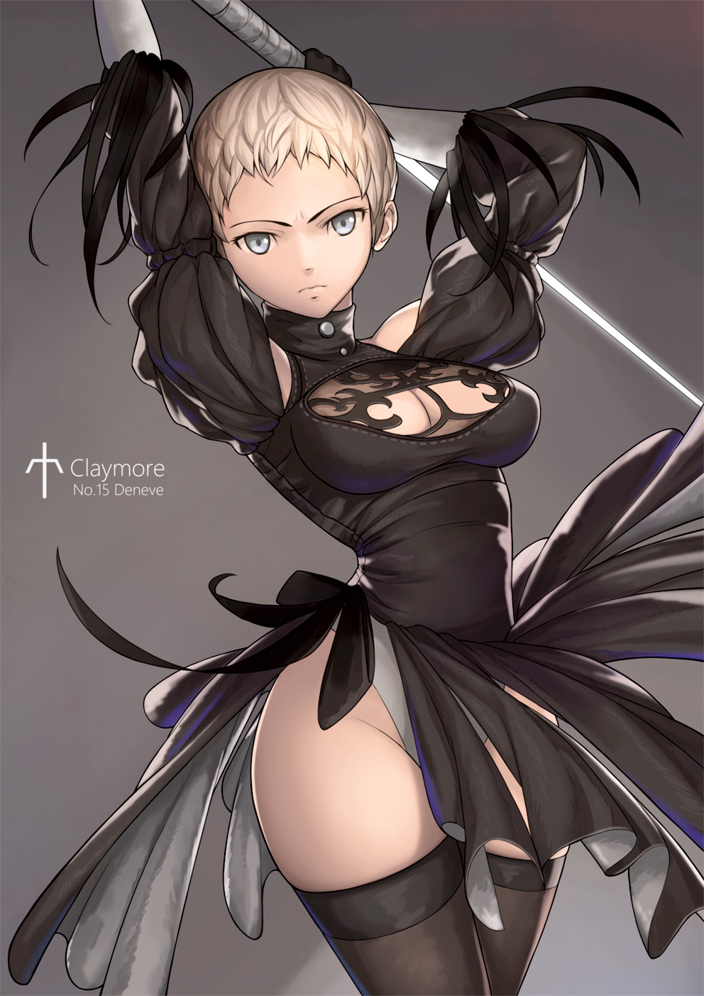 arms_up, bare_shoulders, blonde_hair, blue_eyes, breasts, claymore, cosplay, deneve