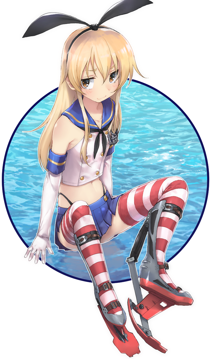 1girl, bare_shoulders, black_neckerchief, black_panties, blonde_hair, blue_sailor_collar, brown_eyes, crop_top