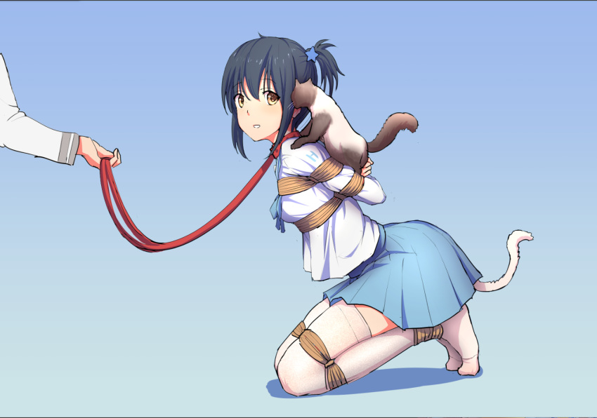 1girl, animal, animal_on_shoulder, arched_back, bangs, bdsm, black_hair, blouse