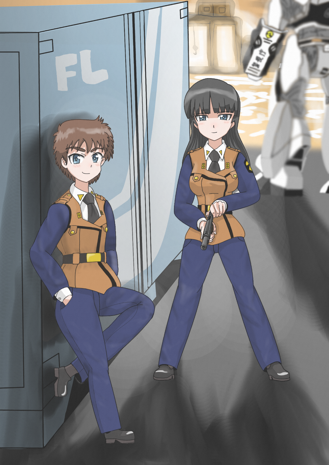 2girls, av-98_ingram, gun, handgun, highres, ideshin, izumi_noa, kanuka_clancy