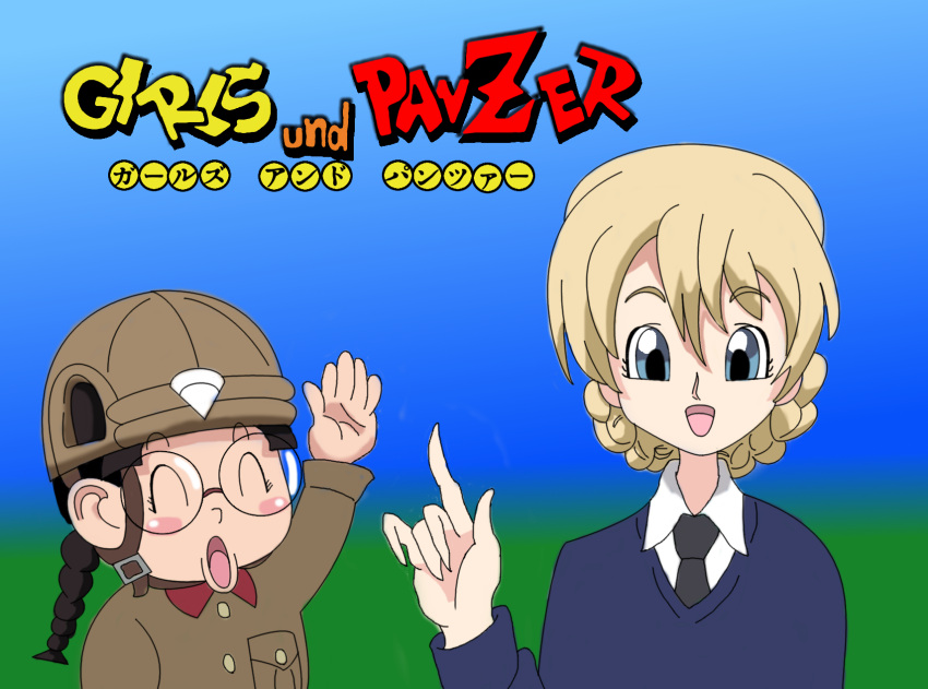 2girls, chi-hatan_military_uniform, darjeeling, dragon_ball, fukuda_(girls_und_panzer), girls_und_panzer, highres, ideshin