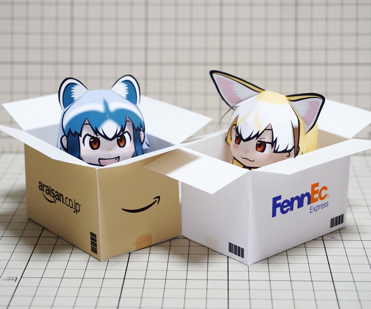 2girls, amazon_(company), animal_ears, blonde_hair, bow, bowtie, box, brand_name_imitation