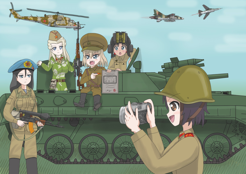 absurdres, aircraft, airplane, ak-74, alina_(girls_und_panzer), assault_rifle, bmp-1, camera, clara_(girls_und_panzer), dragunov_svd, fighter_jet, girls_und_panzer, gun, helicopter, highres, ideshin, jet, katyusha, mi-24, mig-23, military, military_uniform, military_vehicle, nina_(girls_und_panzer), nonna, rifle, sniper_rifle, soviet, uniform, vdv, weapon