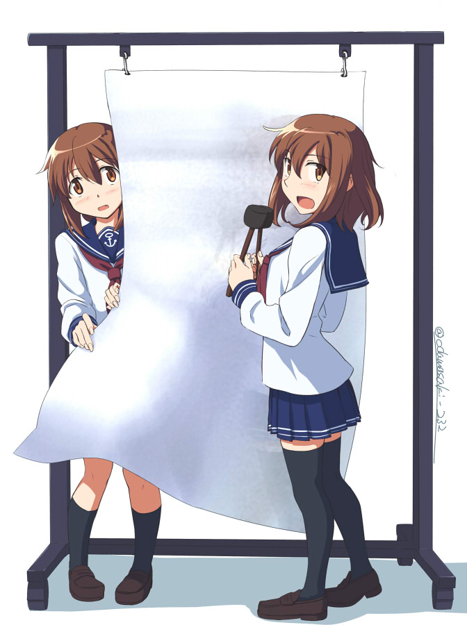 2girls, black_legwear, blue_sailor_collar, blue_skirt, brown_hair, folded_ponytail, full_body, hair_ornament