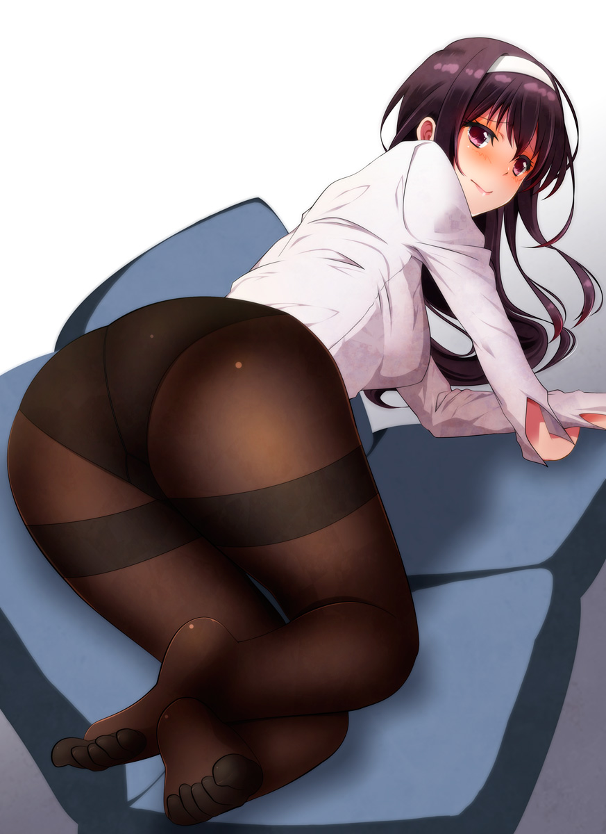 1girl, all_fours, ass, black_hair, black_legwear, blush, gusset, hairband