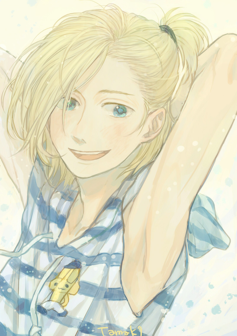 1boy, arms_behind_head, blonde_hair, green_eyes, half_updo, hood, male_focus, nita_(msre27)