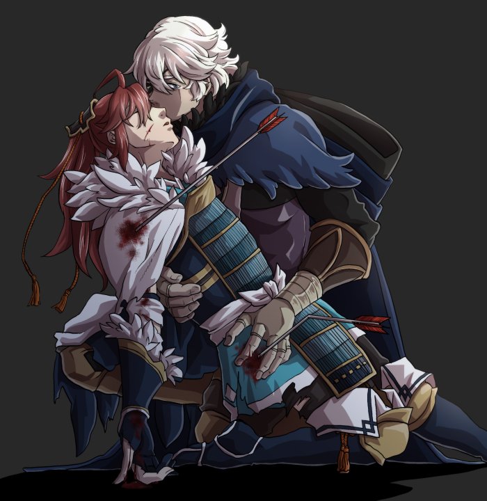 2boys, armor, arrow, closed_eyes, fire_emblem, fire_emblem_if, gloves, injury