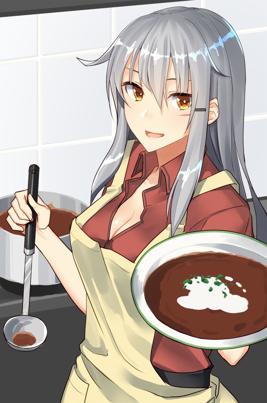 1girl, apron, black_belt, borscht_(food), bowel, breasts, cleavage, commentary_request