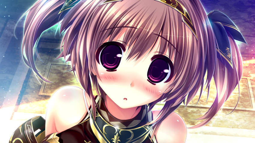1girl, :o, blush, brown_hair, game_cg, looking_at_viewer, nose_blush, official_art