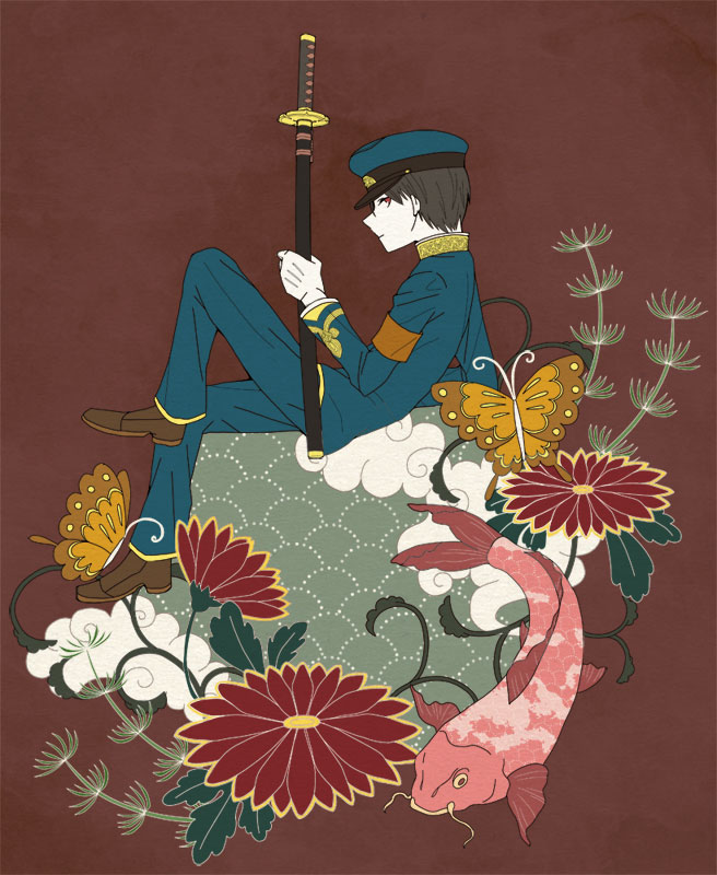 1boy, black_hair, butterfly, carp, commentary, fish, flower, hat
