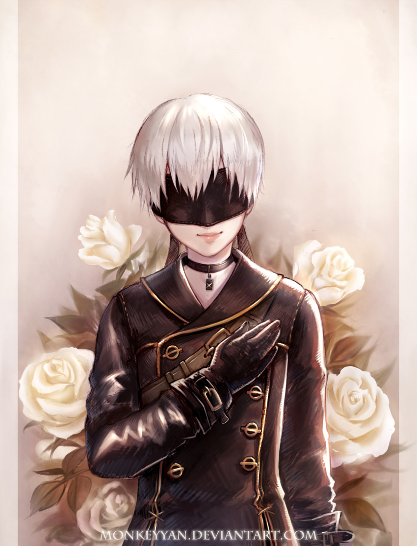 1boy, 1girl, artist_name, bangs, black_blindfold, black_choker, black_gloves, blindfold, choker, commentary, deviantart_username, facing_viewer, gloves, highres, jewelry, lips, long_sleeves, male_focus, nier_(series), nier_automata, pendant, pink_lips, ribbon, solo, watermark, web_address, white_hair, white_ribbon, yan_wong, yorha_no._9_type_s