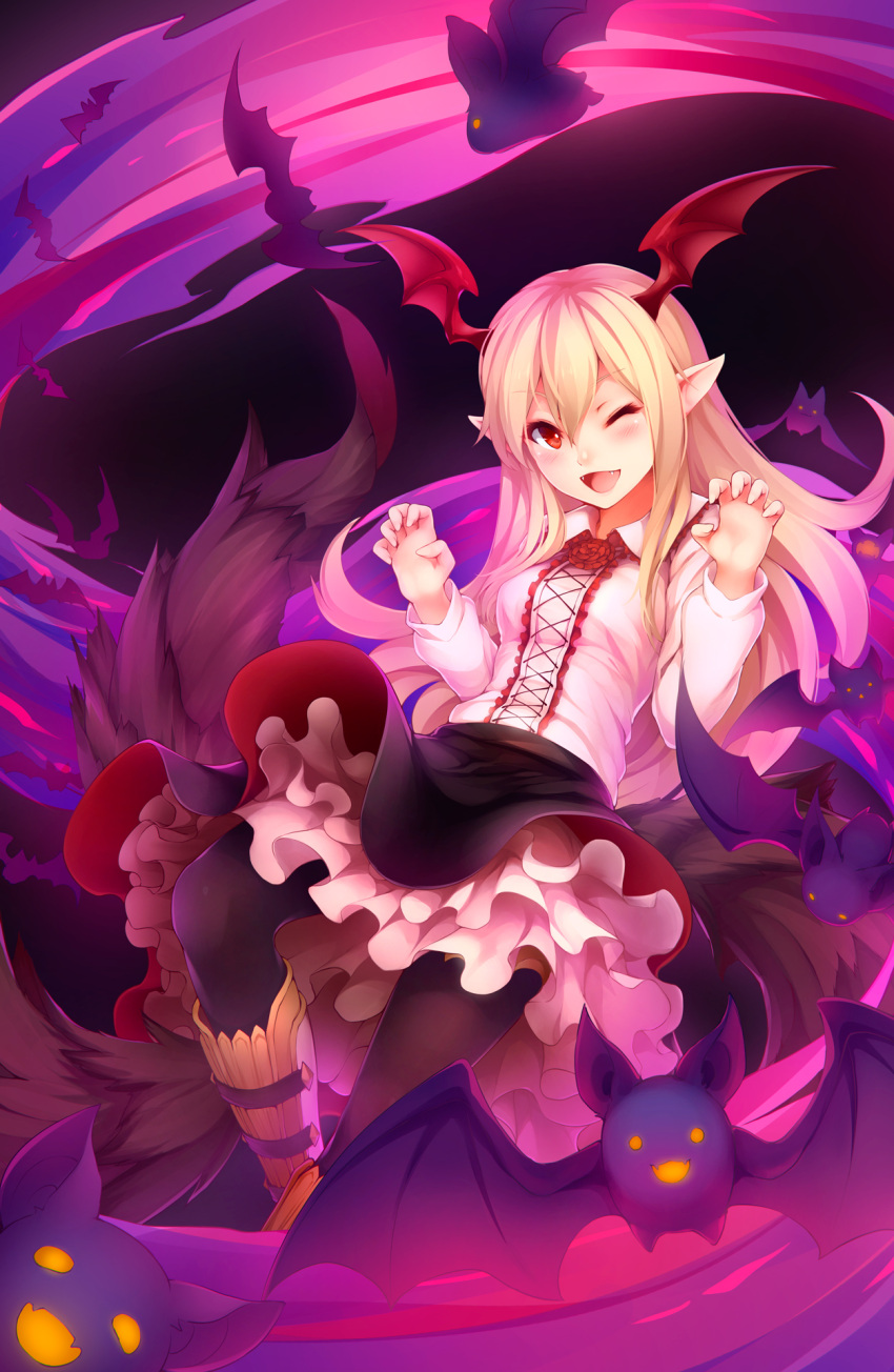 1girl, ;d, bat, bat_wings, black_legwear, black_skirt, blonde_hair, blush